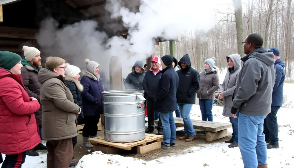 Maple sugaring demonstration at Montour Preserve State Park with visitors watching