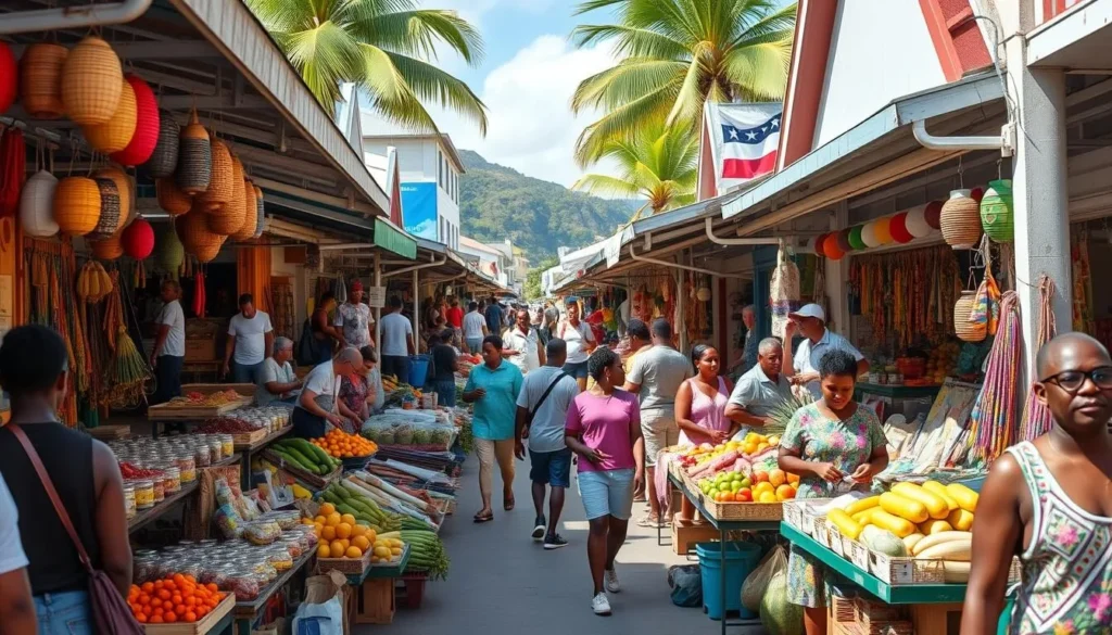 Marigot Market with colorful stalls selling crafts, spices and souvenirs
