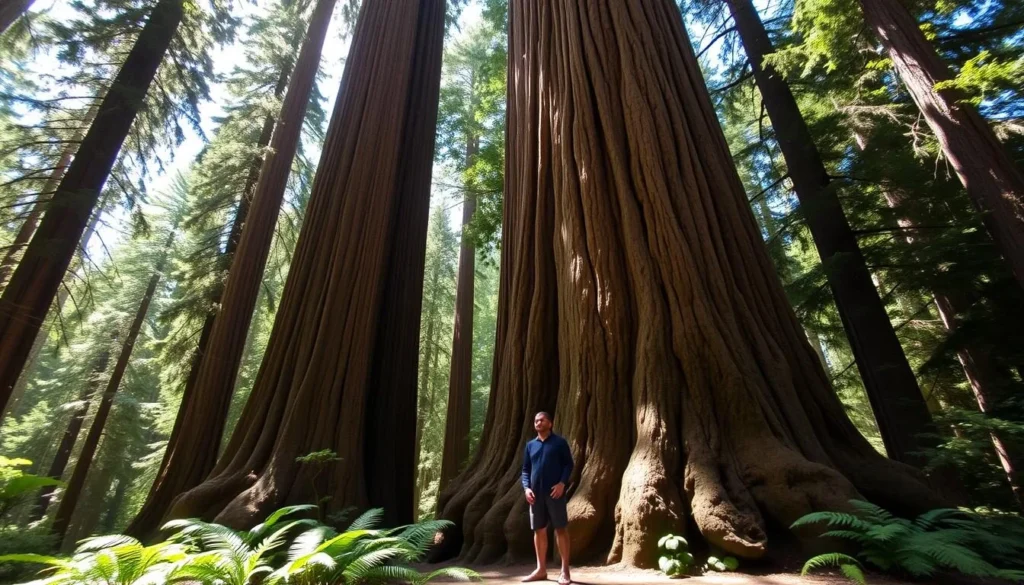 Massive ancient redwood trees in John B. Dewitt Redwoods State Natural Reserve with sunlight filtering through Massive ancient redwood trees in John B. Dewitt Redwoods State Natural Reserve with sunlight filtering through