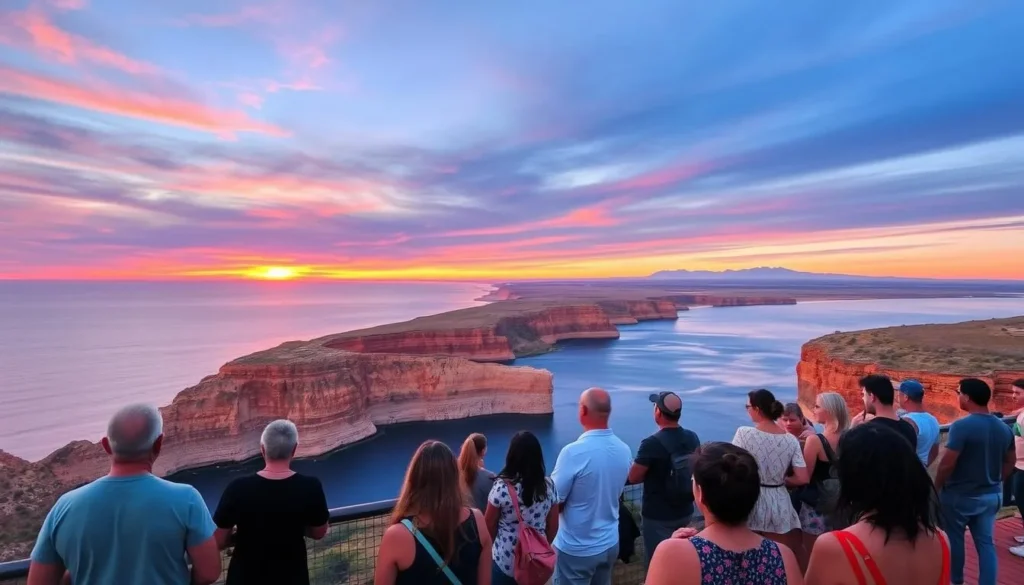 Matthew Flinders Red Cliff Lookout at sunset with tourists enjoying the view, a scenic spot among Port Augusta South Australia best things to do