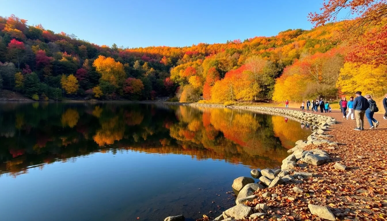 Mauch-Chunk-Lake-during-autumn-with-colorful-fall-foliage-reflecting-in-the-water Mauch Chunk Lake during autumn with colorful fall foliage reflecting in the water