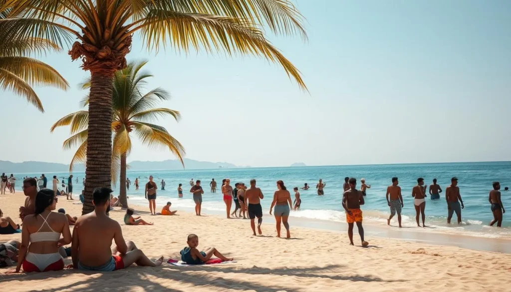 Mazatlan beach scene during perfect weather with tourists enjoying the sunshine and calm waters Mazatlan beach scene during perfect weather with tourists enjoying the sunshine and calm waters