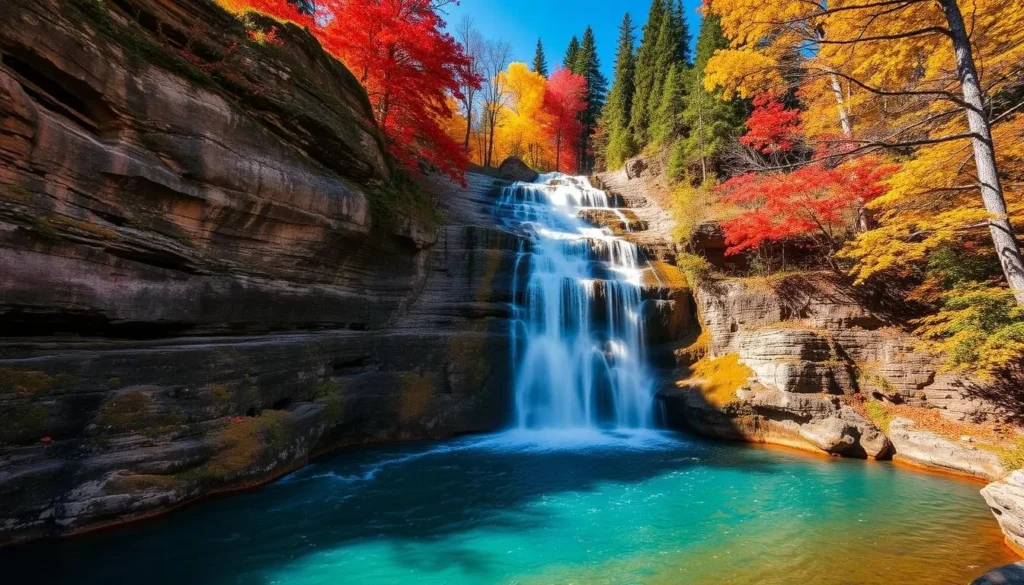 McArthur-Burney Falls Memorial State Park in early fall with colorful foliage surrounding the waterfall McArthur-Burney Falls Memorial State Park in early fall with colorful foliage surrounding the waterfall