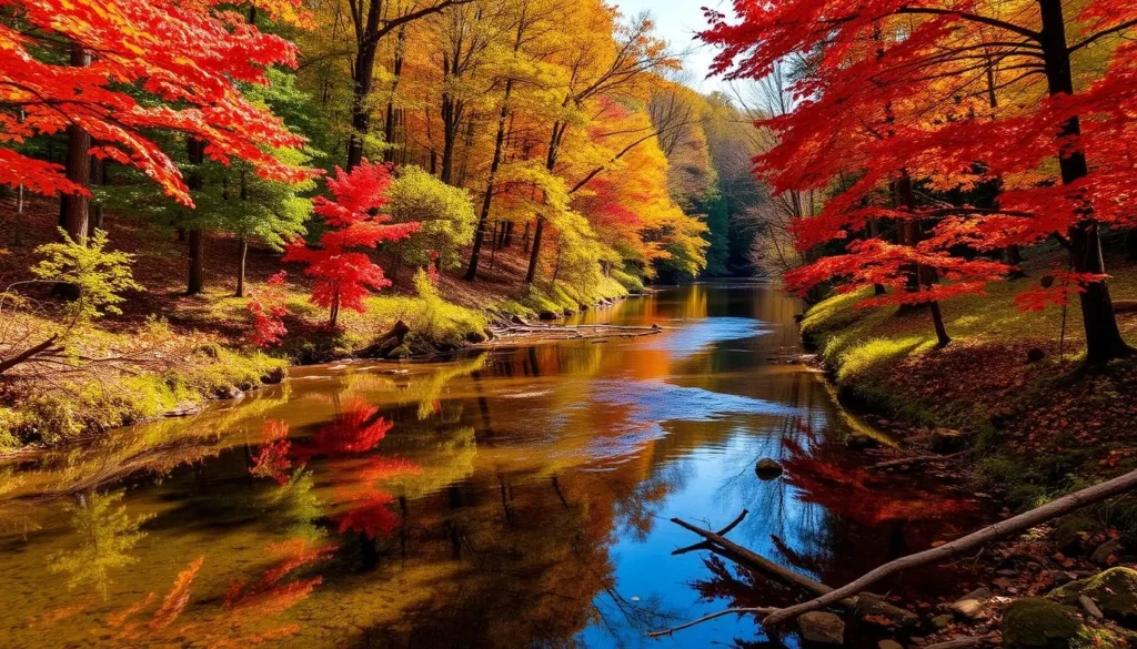 McCalls Dam State Park in autumn with colorful fall foliage reflecting in White Deer Creek McCalls Dam State Park in autumn with colorful fall foliage reflecting in White Deer Creek