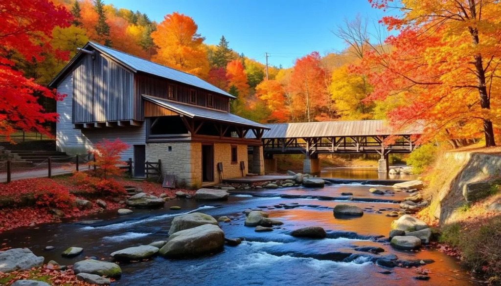 McConnells Mill State Park in autumn with vibrant fall foliage surrounding the historic mill and covered bridge McConnells Mill State Park in autumn with vibrant fall foliage surrounding the historic mill and covered bridge