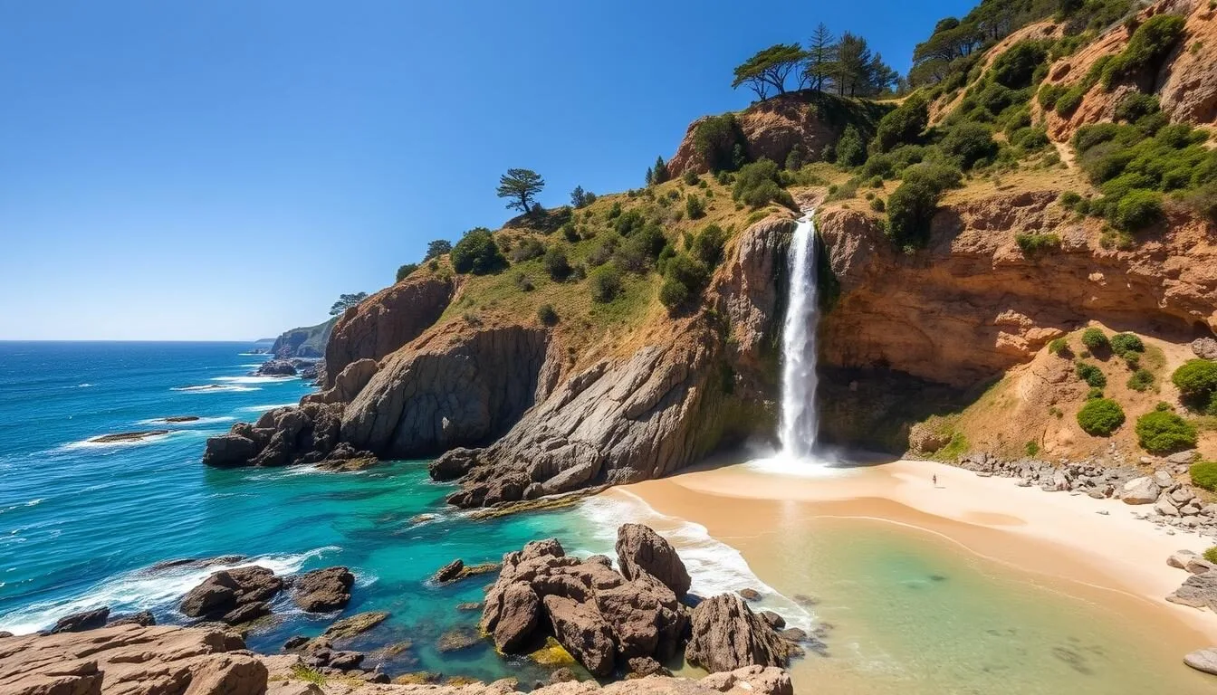 McWay-Falls-cascading-onto-the-beach-at-Julia-Pfeiffer-Burns-State-Park-with-turquoise-waters McWay Falls cascading onto the beach at Julia Pfeiffer Burns State Park with turquoise waters and coastal views