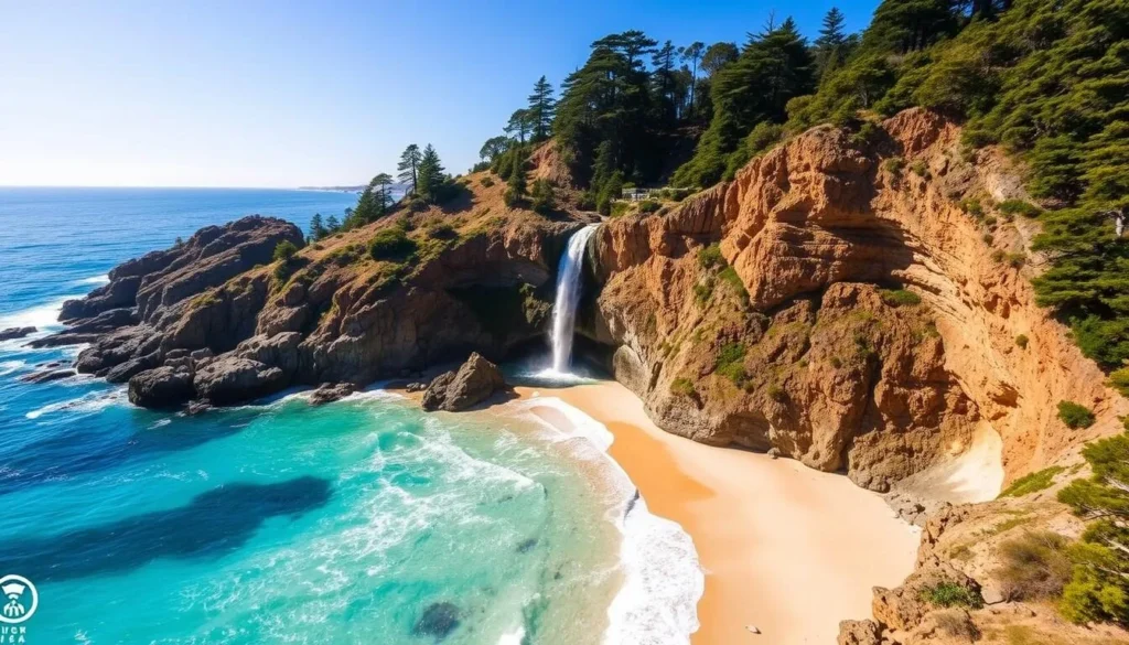 McWay Falls cascading onto the beach with turquoise waters and coastal cliffs McWay Falls cascading onto the beach with turquoise waters and coastal cliffs