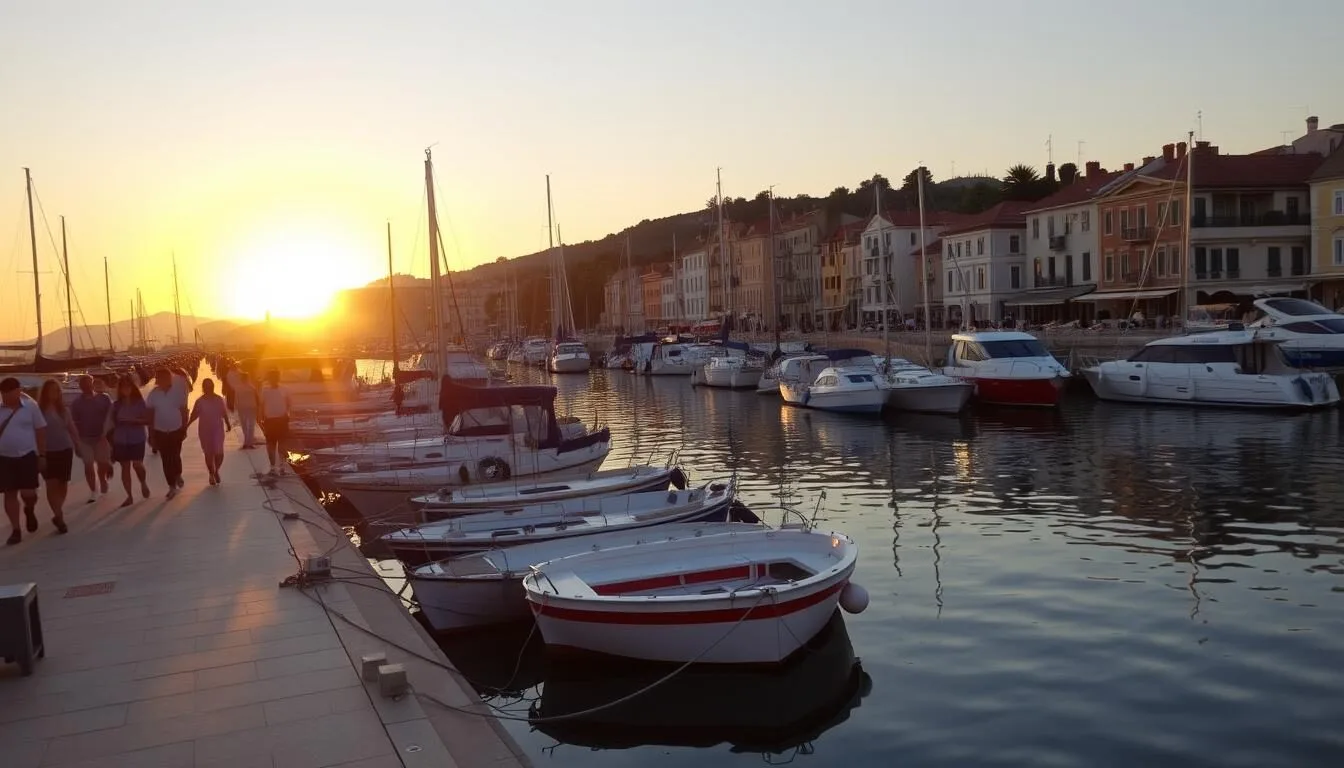 Medulin's harbor during golden hour with boats and the promenade
