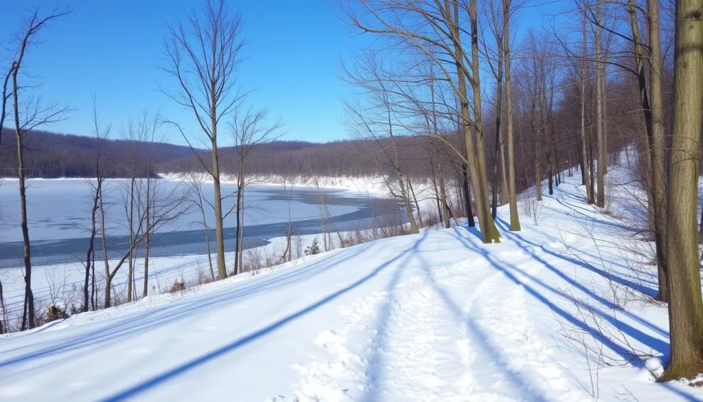 Memorial Lake State Park during winter with snow-covered trails and frozen lake sections Memorial Lake State Park during winter with snow-covered trails and frozen lake sections