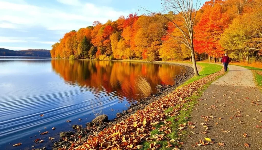 Memorial Lake State Park in autumn with colorful fall foliage reflecting in the lake waters Memorial Lake State Park in autumn with colorful fall foliage reflecting in the lake waters