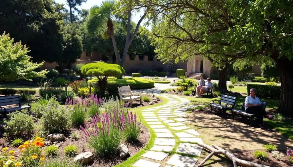 Memory Garden behind the Pacific House Museum at Monterey State Historic Park with visitors relaxing among native plants Memory Garden behind the Pacific House Museum at Monterey State Historic Park with visitors relaxing among native plants