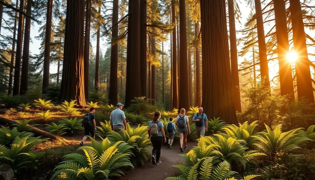 Mendocino Woodlands State Park in summer with sunlight filtering through redwood trees and diverse hikers enjoying the trail Mendocino Woodlands State Park in summer with sunlight filtering through redwood trees and diverse hikers enjoying the trail