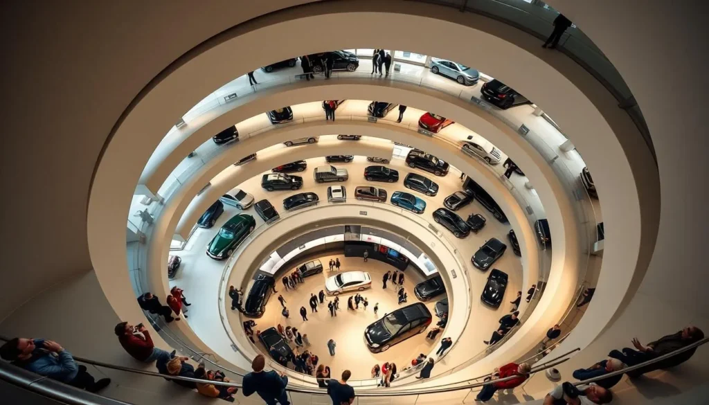Mercedes-Benz Museum in Stuttgart showing its distinctive spiral architecture with vintage and modern cars on display