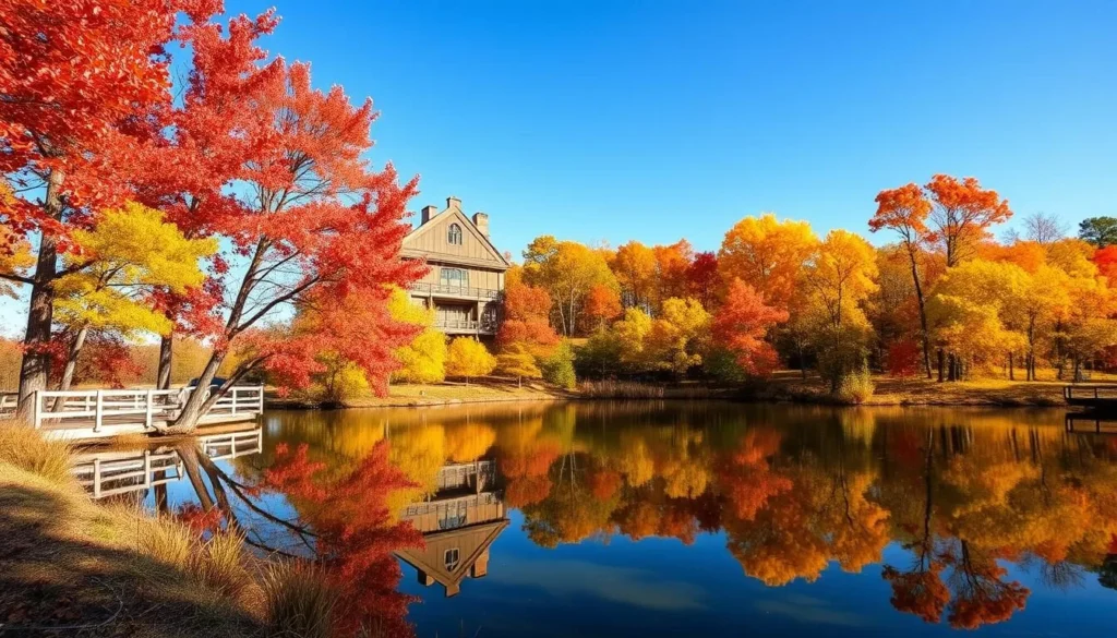 Mermet Lake in autumn with colorful fall foliage reflected in the water