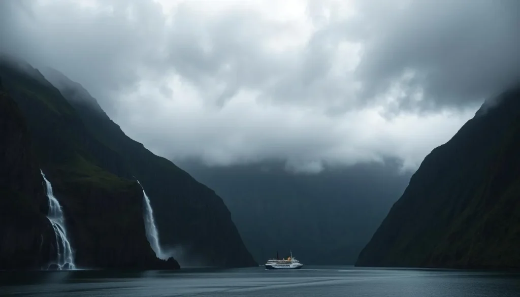 Milford Sound in Fiordland National Park during rainfall with multiple waterfalls cascading down cliffs