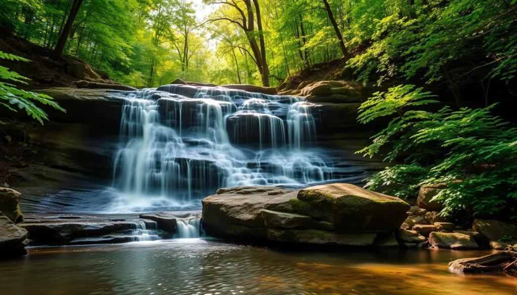 Miller Falls waterfall surrounded by lush forest at Oil Creek State Park