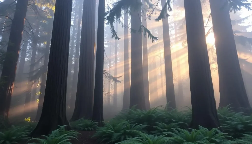 Misty morning in Jedediah Smith Redwoods State Park with sunlight filtering through the trees Misty morning in Jedediah Smith Redwoods State Park with sunlight filtering through the trees