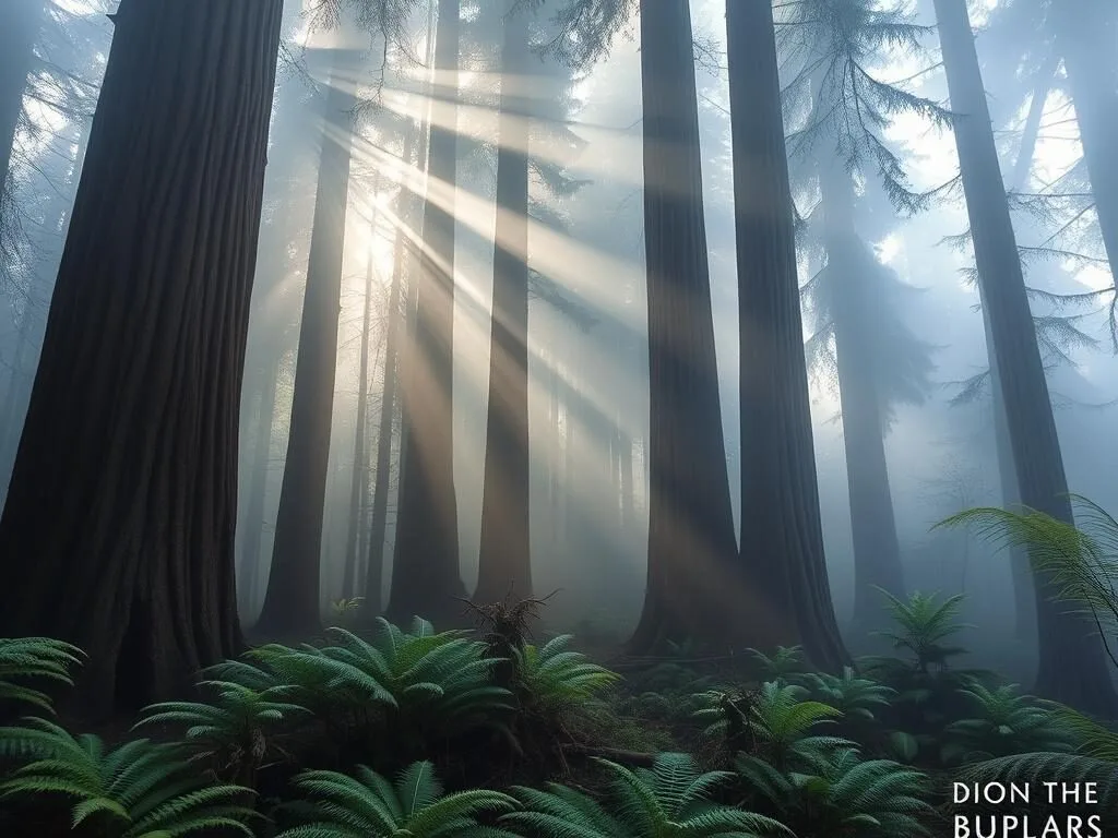 Misty morning in Montgomery Woods State Natural Reserve California with sunbeams through redwood trees Misty morning in Montgomery Woods State Natural Reserve California with sunbeams through redwood trees