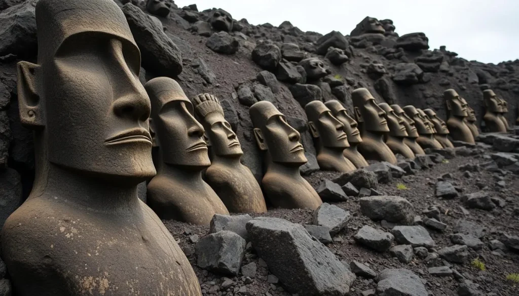 Moai statues at Rano Raraku quarry showing partially carved figures, a key archaeological site featured in this Easter Island travel guide