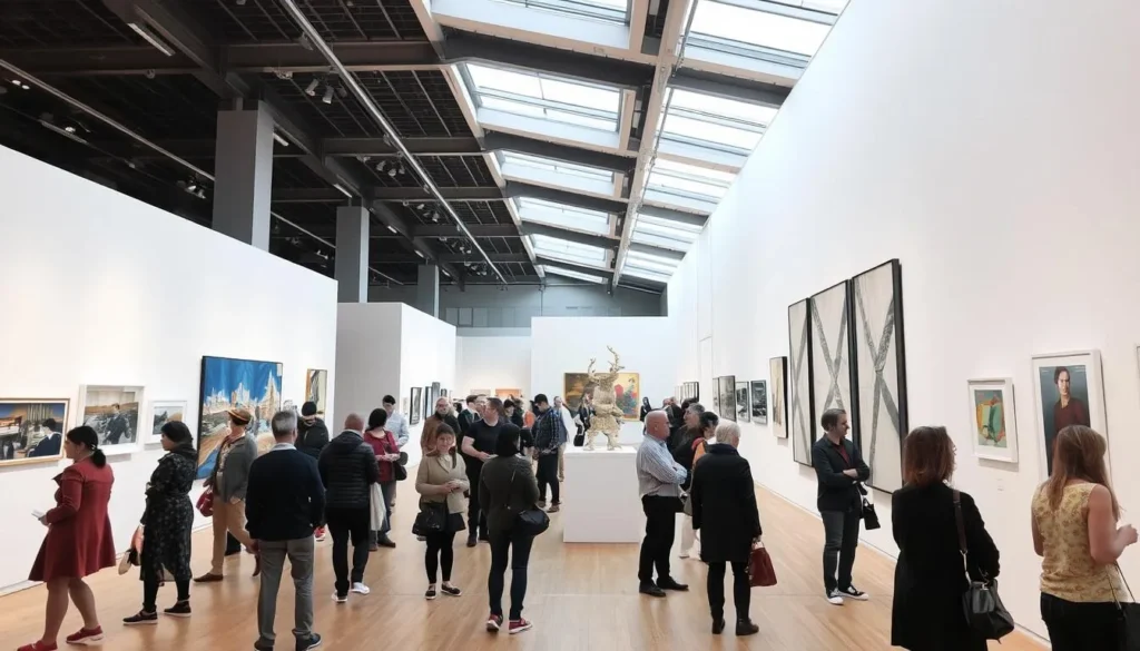 Modern art exhibition at the Sprengel Museum in Hannover with diverse visitors viewing displays