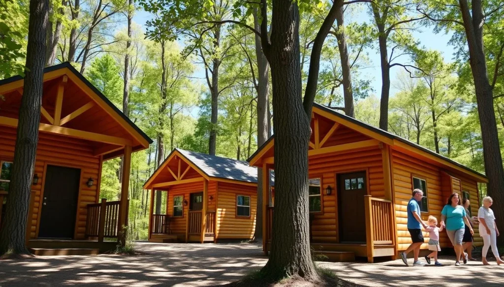 Modern cabins at Keystone State Park Pennsylvania surrounded by trees