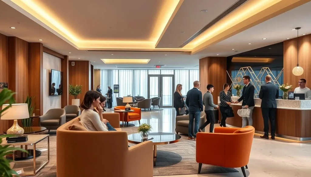 Modern hotel lobby in Tolyatti with comfortable seating area and reception desk with staff helping diverse guests