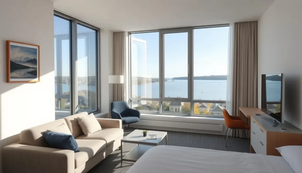 Modern hotel room with view of Kiel Fjord through large windows