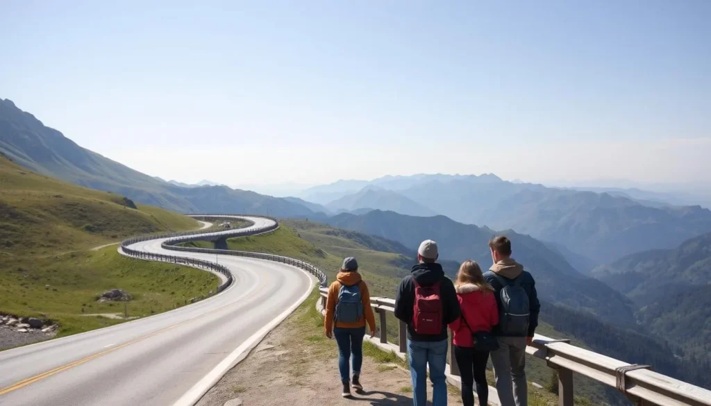 Modern road through mountainous landscape in the Chechen Republic with travelers enjoying the scenery