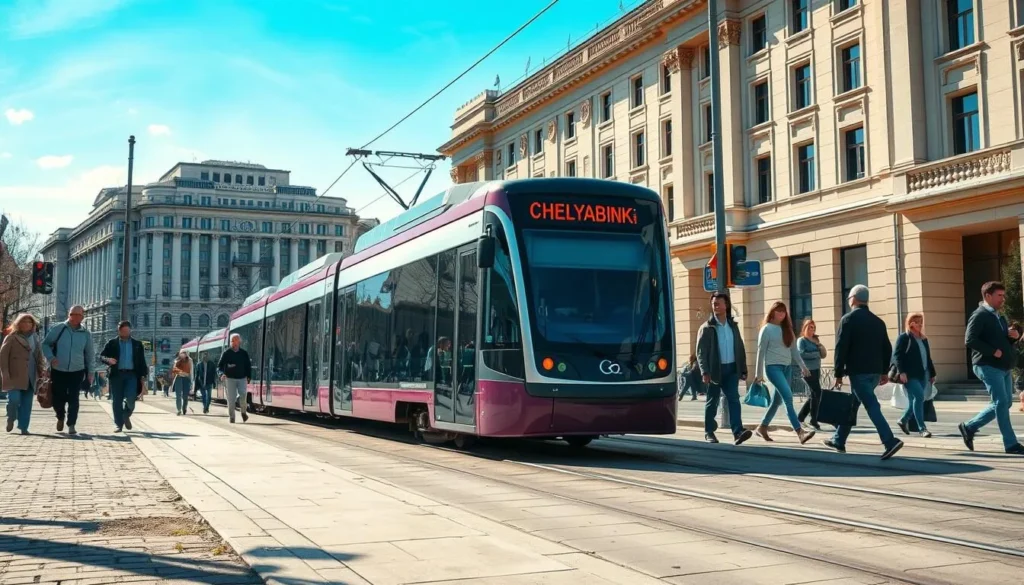 Modern tram system in Chelyabinsk city center Modern tram system in Chelyabinsk city center