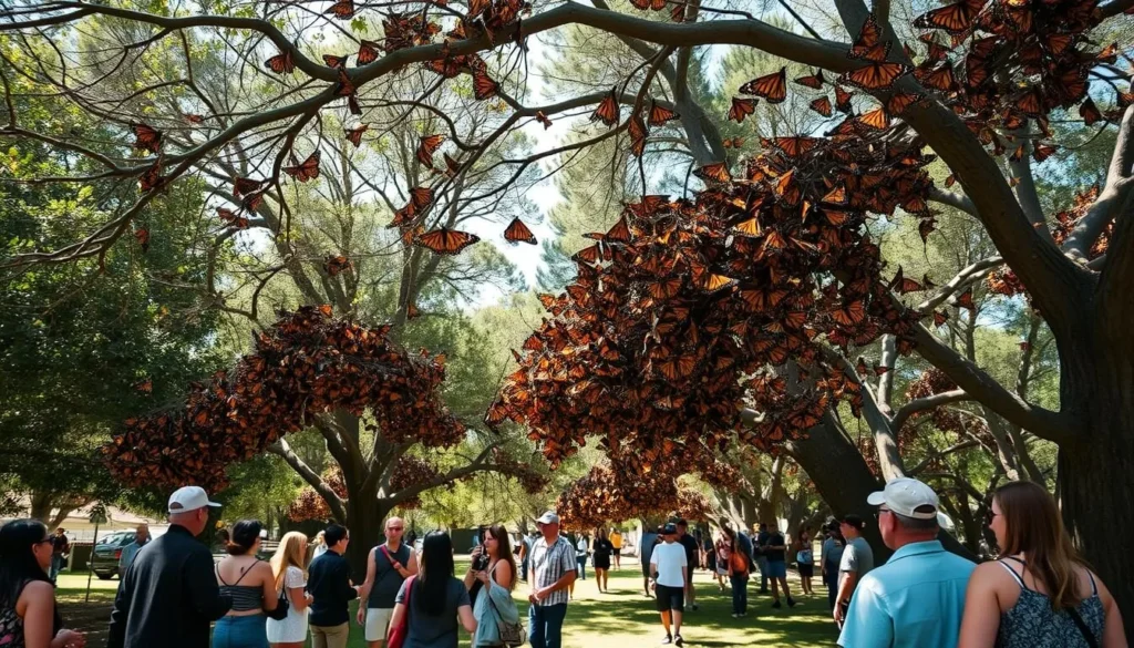 Monarch butterflies clustered on eucalyptus trees at Pismo State Beach Monarch Butterfly Grove Monarch butterflies clustered on eucalyptus trees at Pismo State Beach Monarch Butterfly Grove