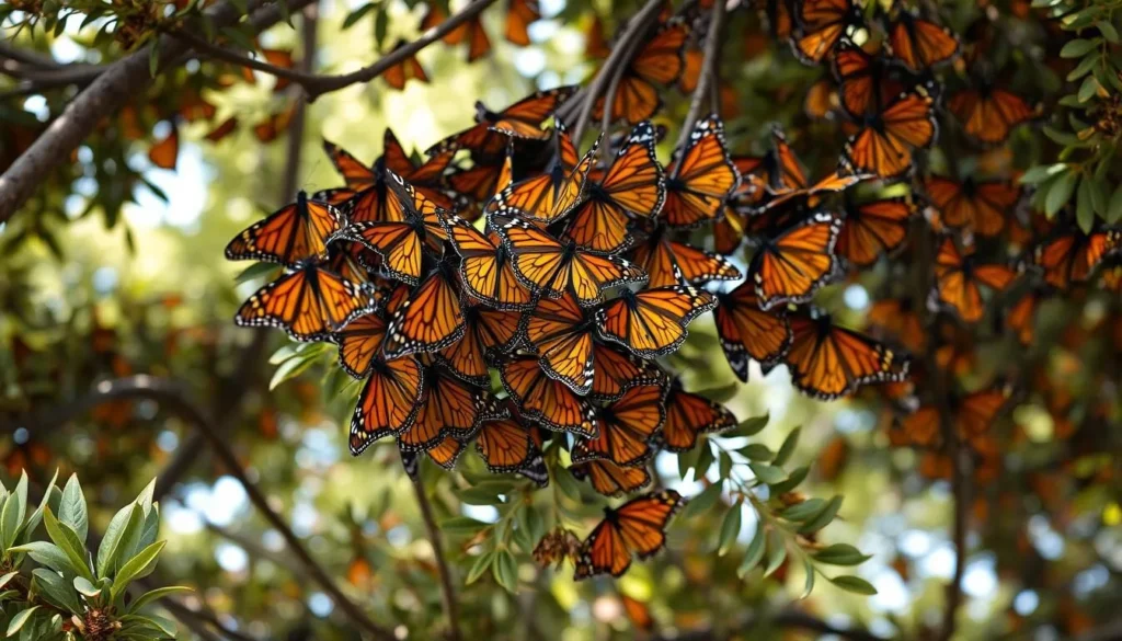 Monarch butterflies clustering on eucalyptus trees at Natural Bridges State Beach Santa Cruz California during fall migration Monarch butterflies clustering on eucalyptus trees at Natural Bridges State Beach Santa Cruz California during fall migration