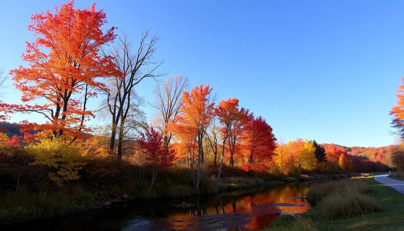 Mont-Alto-State-Park-in-autumn-with-vibrant-fall-foliage-reflecting-in-the-West-Branch-of Mont Alto State Park in autumn with vibrant fall foliage reflecting in the West Branch of Antietam Creek