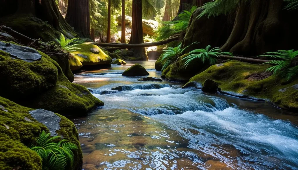 Montgomery Creek flowing through redwood forest in Montgomery Woods State Natural Reserve California Montgomery Creek flowing through redwood forest in Montgomery Woods State Natural Reserve California