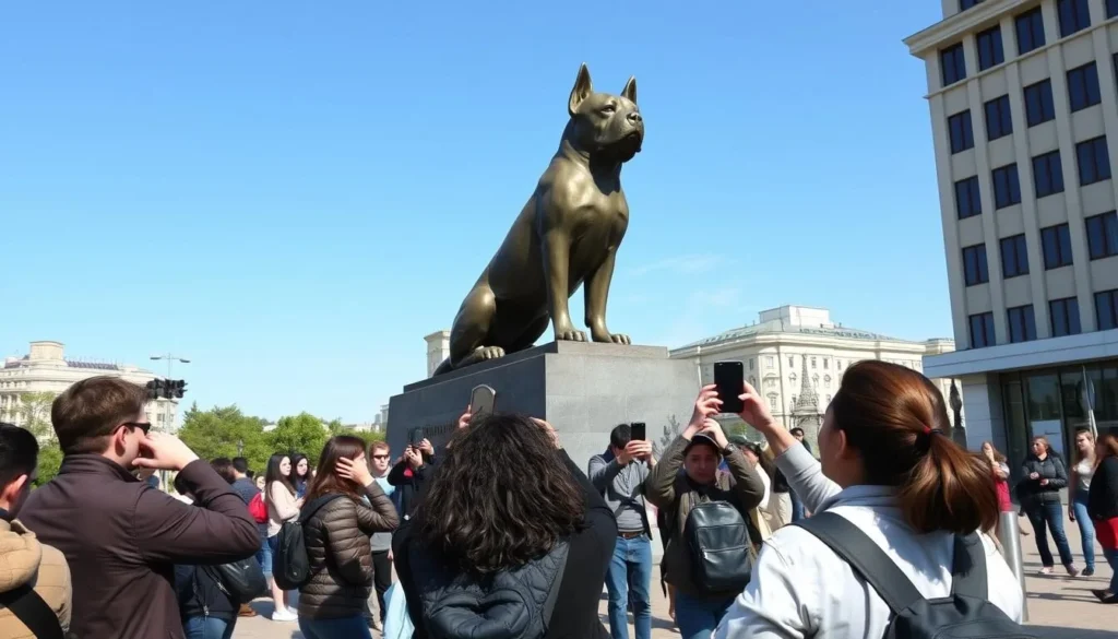 Monument of Devotion in Tolyatti showing the famous dog statue with visitors taking photos