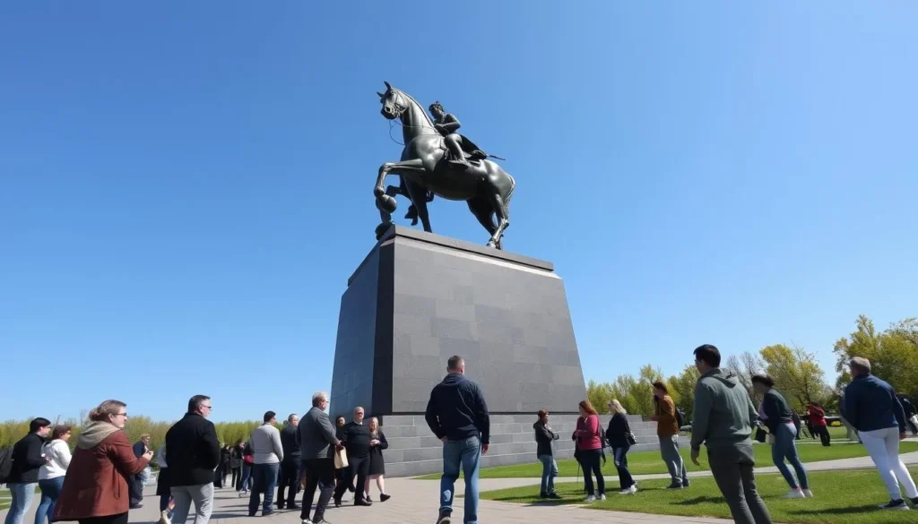 Monument to Salavat Yulaev in Ufa with visitors admiring the large equestrian statue