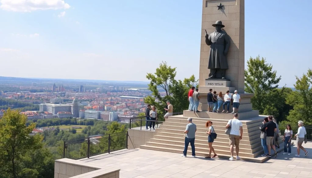 Monument to the First Settler in Penza with visitors enjoying the observation deck