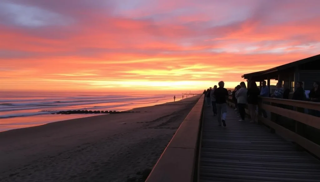 Moonstone Beach Cambria California during sunset with visitors enjoying the boardwalk Moonstone Beach Cambria California during sunset with visitors enjoying the boardwalk