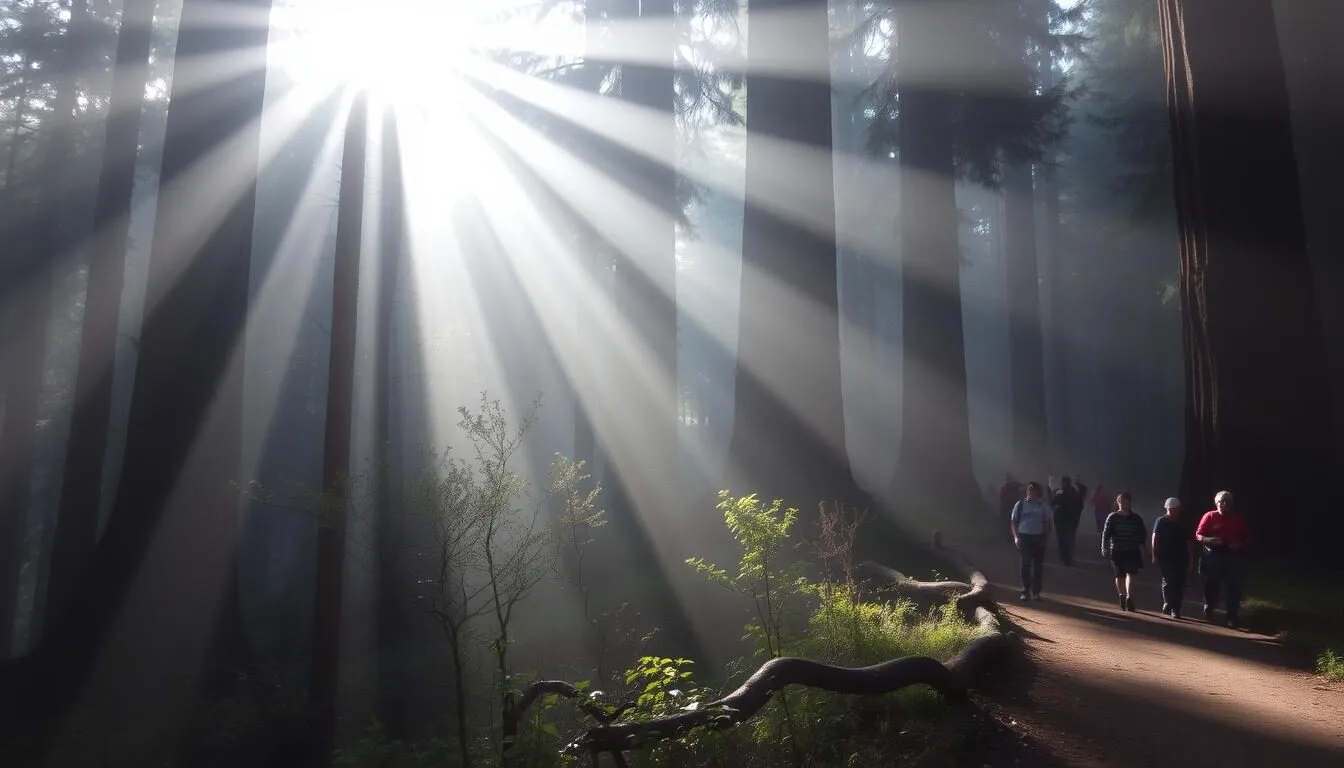 Morning-fog-drifting-through-redwood-trees-at-Navarro-River-Redwoods-State-Park-California-in Morning fog drifting through redwood trees at Navarro River Redwoods State Park California in spring