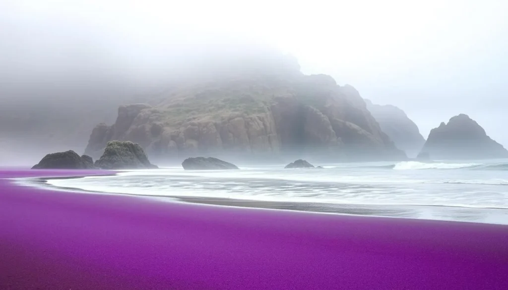 Morning fog lifting over Pfeiffer Beach in Big Sur revealing purple sand and rock formations