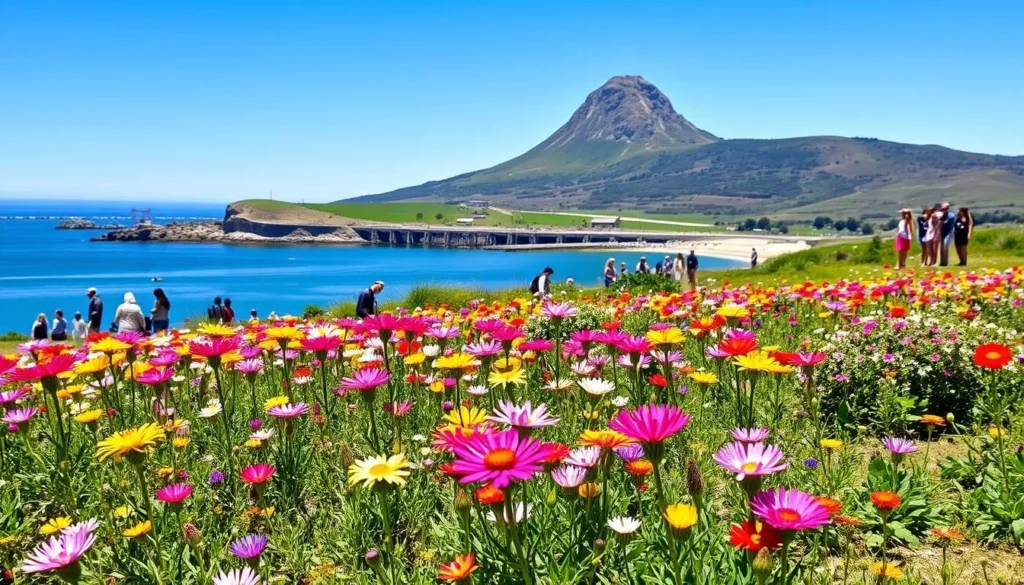 Morro Bay State Park in spring with wildflowers blooming and Morro Rock visible in the background Morro Bay State Park in spring with wildflowers blooming and Morro Rock visible in the background