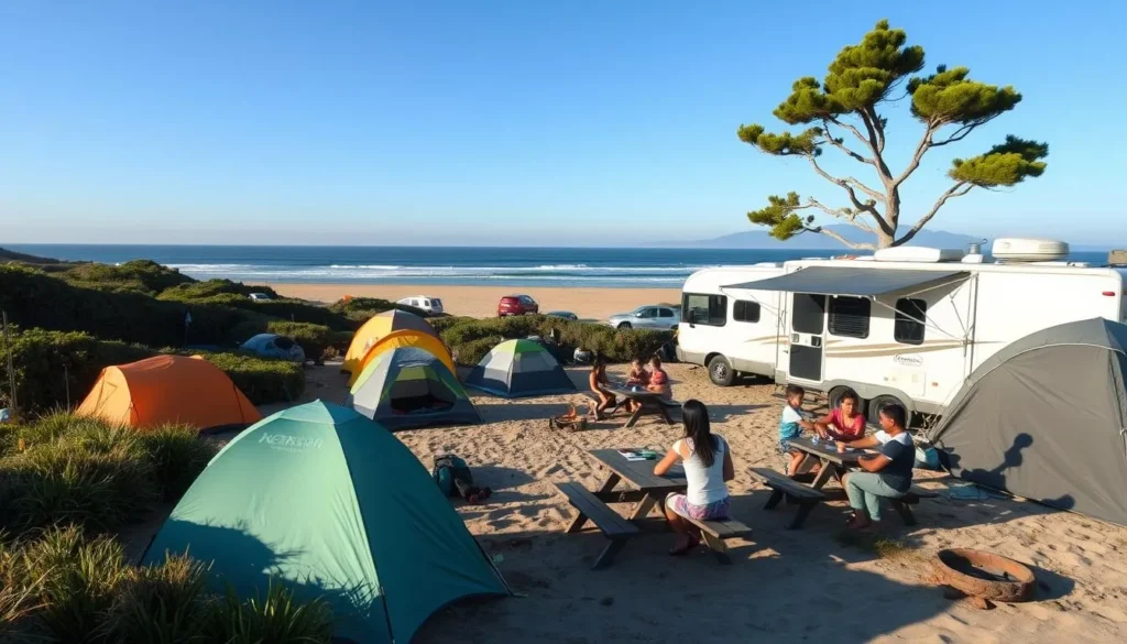 Morro Strand State Beach California campground with tents and RVs near the beach Morro Strand State Beach California campground with tents and RVs near the beach