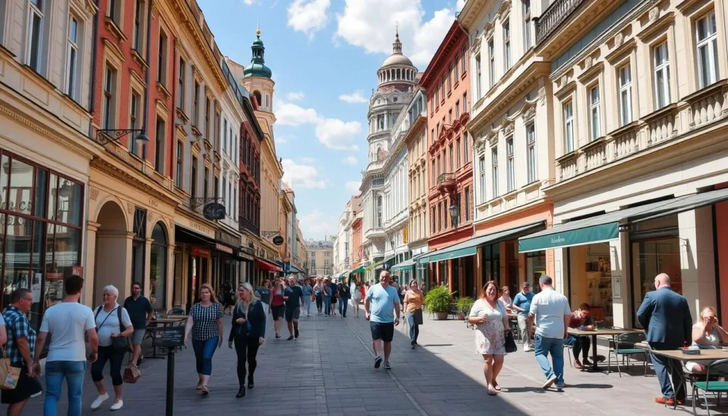 Moskovskaya Street pedestrian zone with historic buildings and visitors shopping