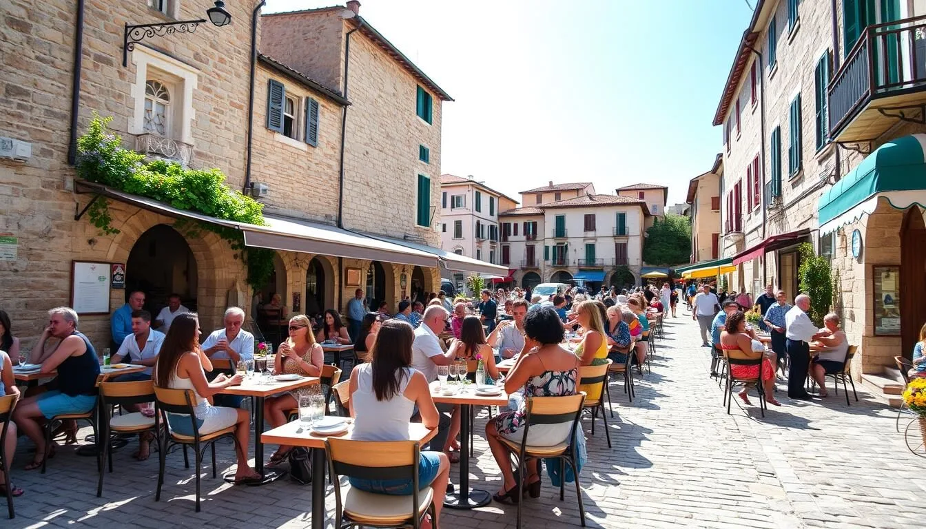 Motovun Croatia town square with outdoor cafes on a sunny summer day with tourists enjoying the atmosphere
