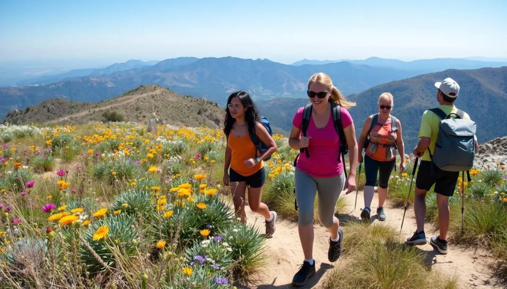Mount Baldy in summer with hikers enjoying the trails and wildflowers in bloom Mount Baldy in summer with hikers enjoying the trails and wildflowers in bloom