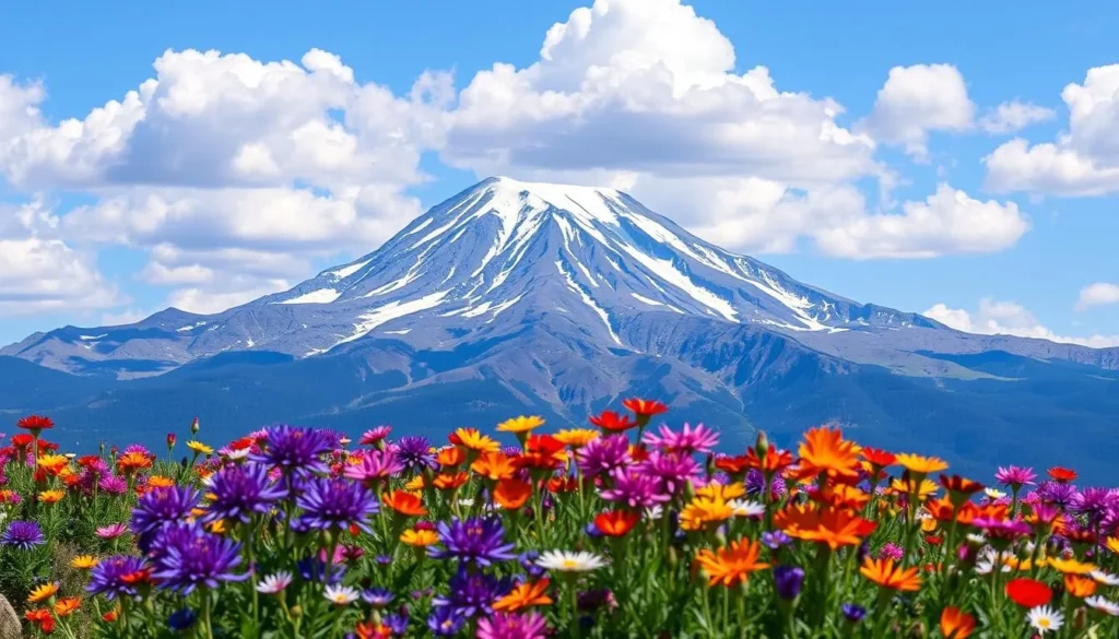 Mount Shasta in summer with wildflowers in the foreground and clear visibility of the mountain Mount Shasta in summer with wildflowers in the foreground and clear visibility of the mountain