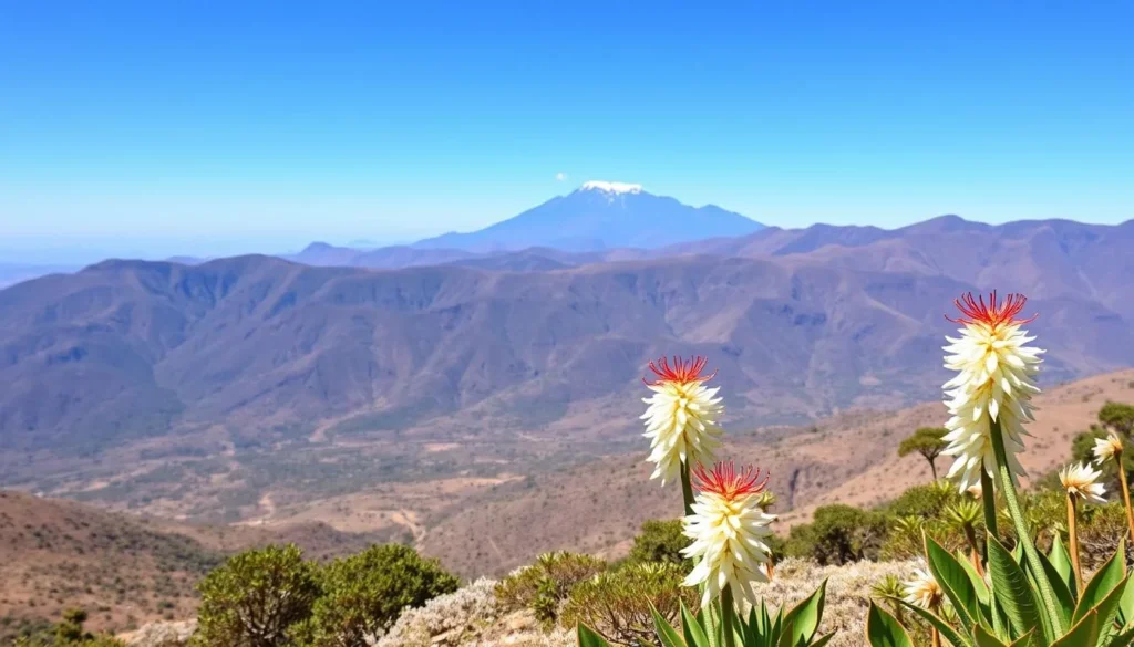 Mount Tullu Dimtu landscape during the dry season showing clear skies and endemic giant lobelia plants