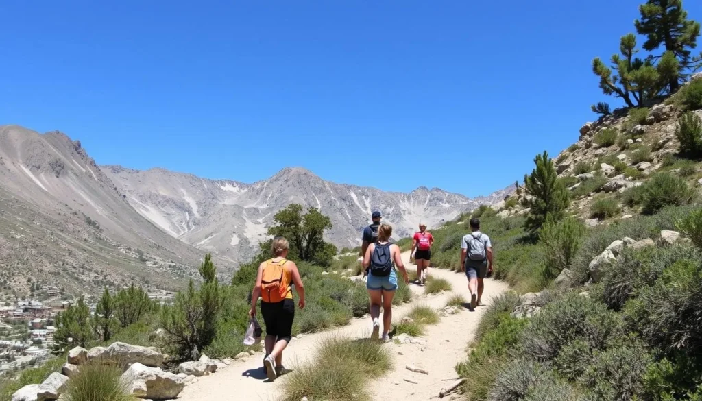Mount Whitney trail during summer with hikers enjoying clear conditions Mount Whitney trail during summer with hikers enjoying clear conditions