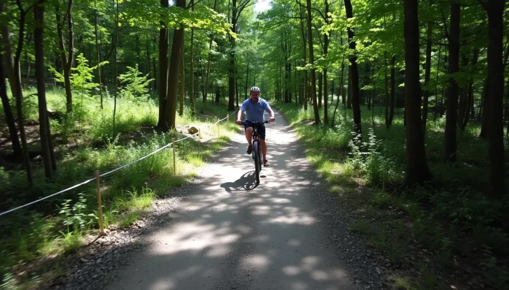 Mountain biker on a forested trail at Lackawanna State Park Mountain biker on a forested trail at Lackawanna State Park
