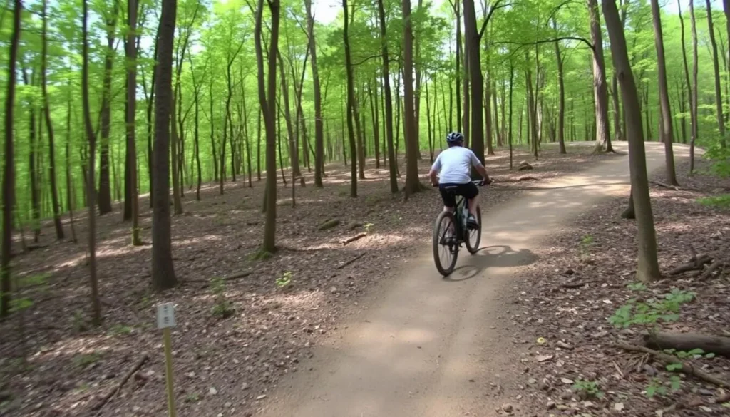 Mountain biker on one of Kickapoo State Park's dedicated biking trails through the forest