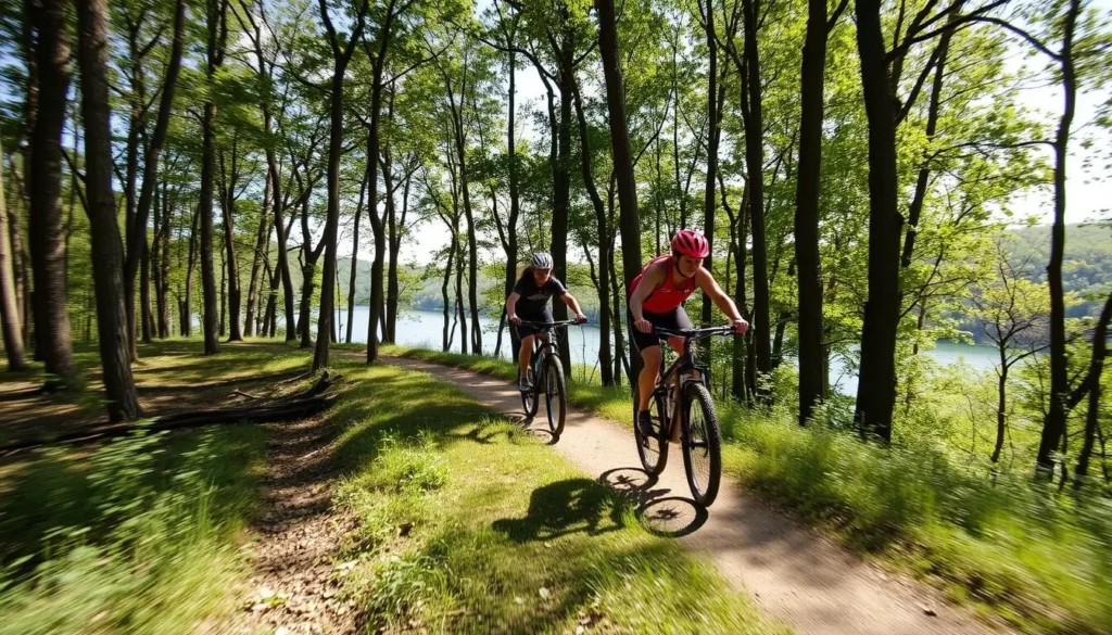 Mountain bikers enjoying trails at Codorus State Park with Lake Marburg visible in the background Mountain bikers enjoying trails at Codorus State Park with Lake Marburg visible in the background